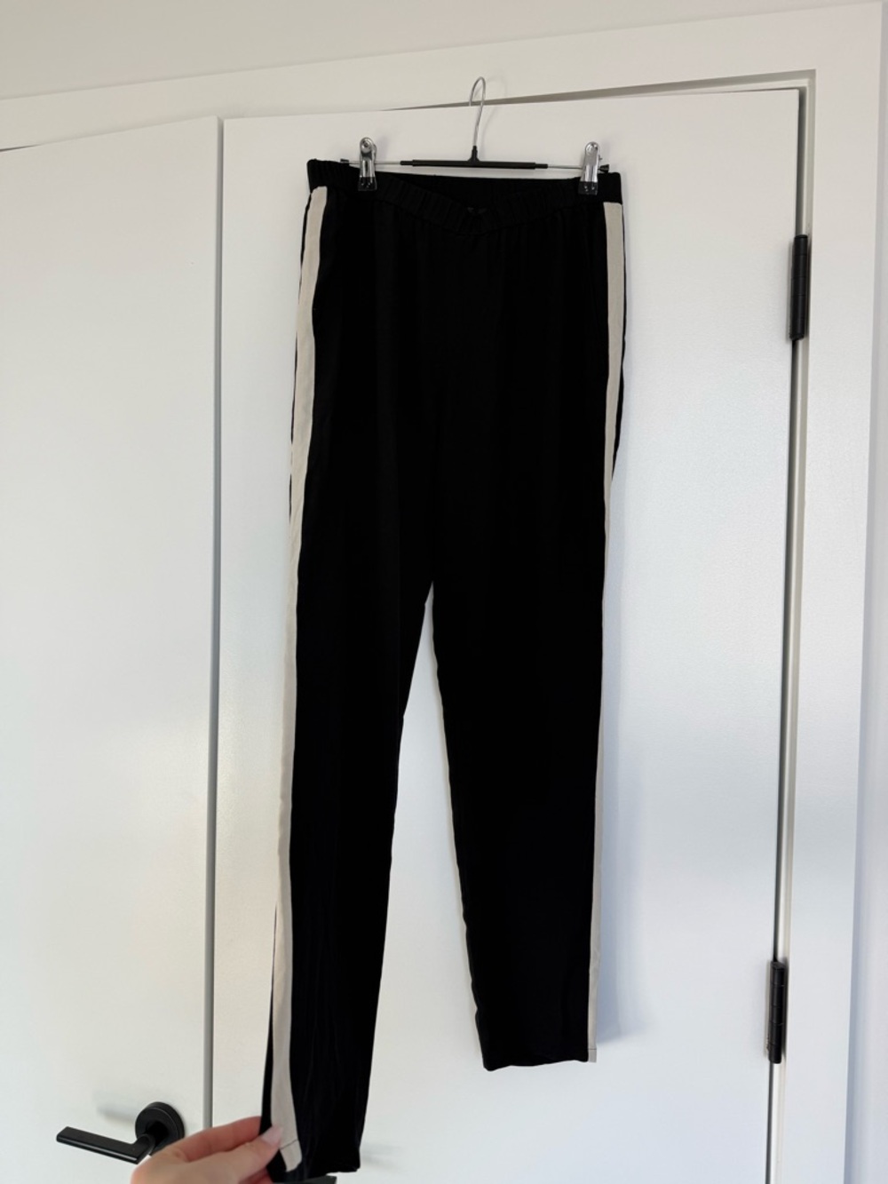 Eileen Fisher Silk Black Track Pants with Ecru Side Stripe
